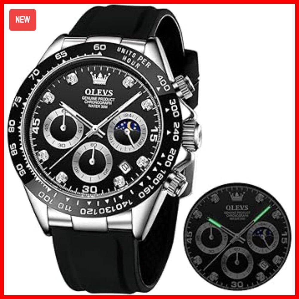 Men's Diamond Chronograph Watch, Moon Phase, Waterproof, Silicone Strap